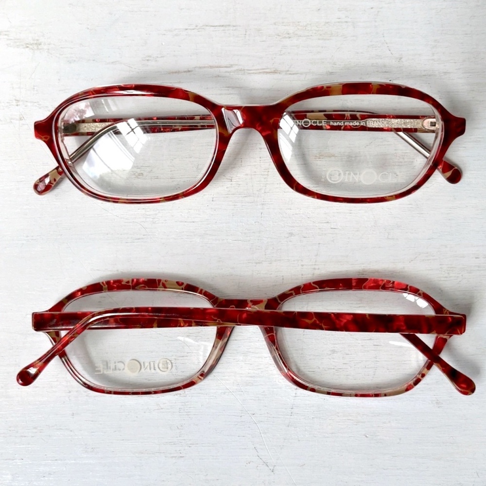 Vintage BINOCLE Fire Mosaic Confetti Red Orange Multi Marble Eyeglasses France - Picture 5 of 13